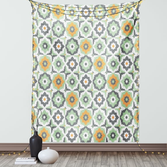 Quatrefoil Tapestry, Lotus Figures Floral Shapes Moroccan Tile Pattern Eastern Inspired Retro Print, Wall Hanging for Bedroom Living Room Dorm Decor, 60W X 80L Inches, Green White, by Ambesonne