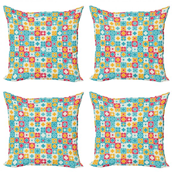 Ambesonne Floral Throw Pillow Cover 4 Pack, Clover Vivid Design, 16", Red Turquoise Yellow