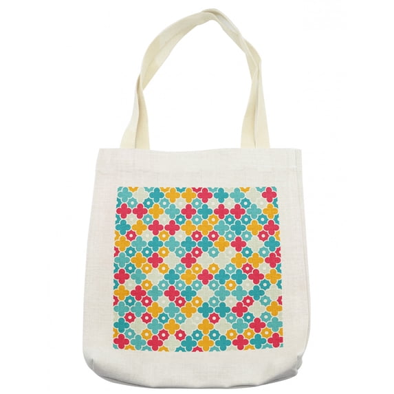 Quatrefoil Tote Bag, Kids Colorful Petal Clover Leaves Pattern Bohemian Casual Kids Theme, Cloth Linen Reusable Bag for Shopping Books Beach and More, 16.5" X 14", Cream, by Ambesonne