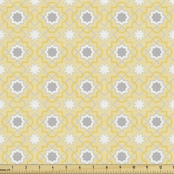 Ambesonne Eastern Fabric by the Yard Upholstery, Quatrefoil Star, 5 Yards, Yellow White