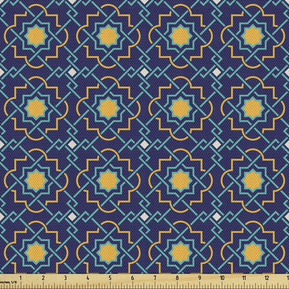 Ambesonne Quatrefoil Fabric by the Yard Upholstery, Eastern Girih Tile, 1 Yard, Turquoise Navy Blue