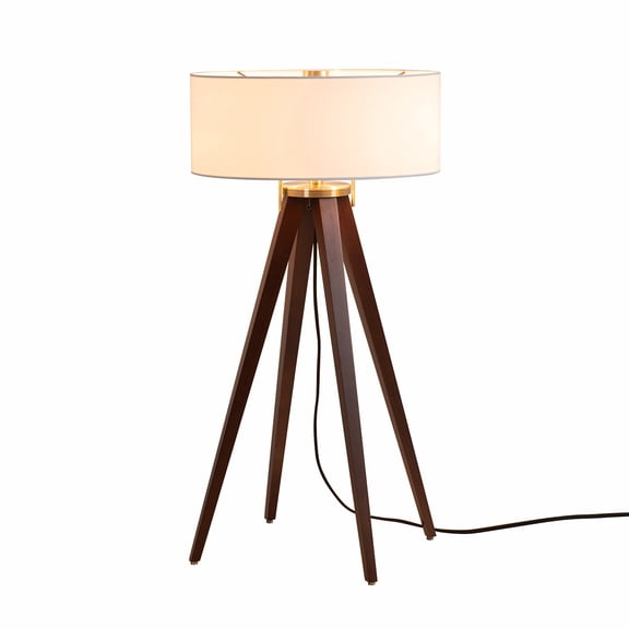 Quattro Table Lamp - Dark Walnut Wood Finish & Weathered Brass White Linen Shade