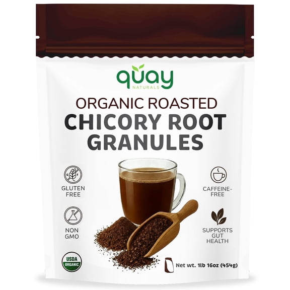 Quay Naturals Organic Roasted Chicory Root Granules 1 lb | Caffeine-Free Herbal Coffee Alternative | Non-GMO, Gluten-Free, Kosher | Bold Roasted Flavor | Vegan-Friendly