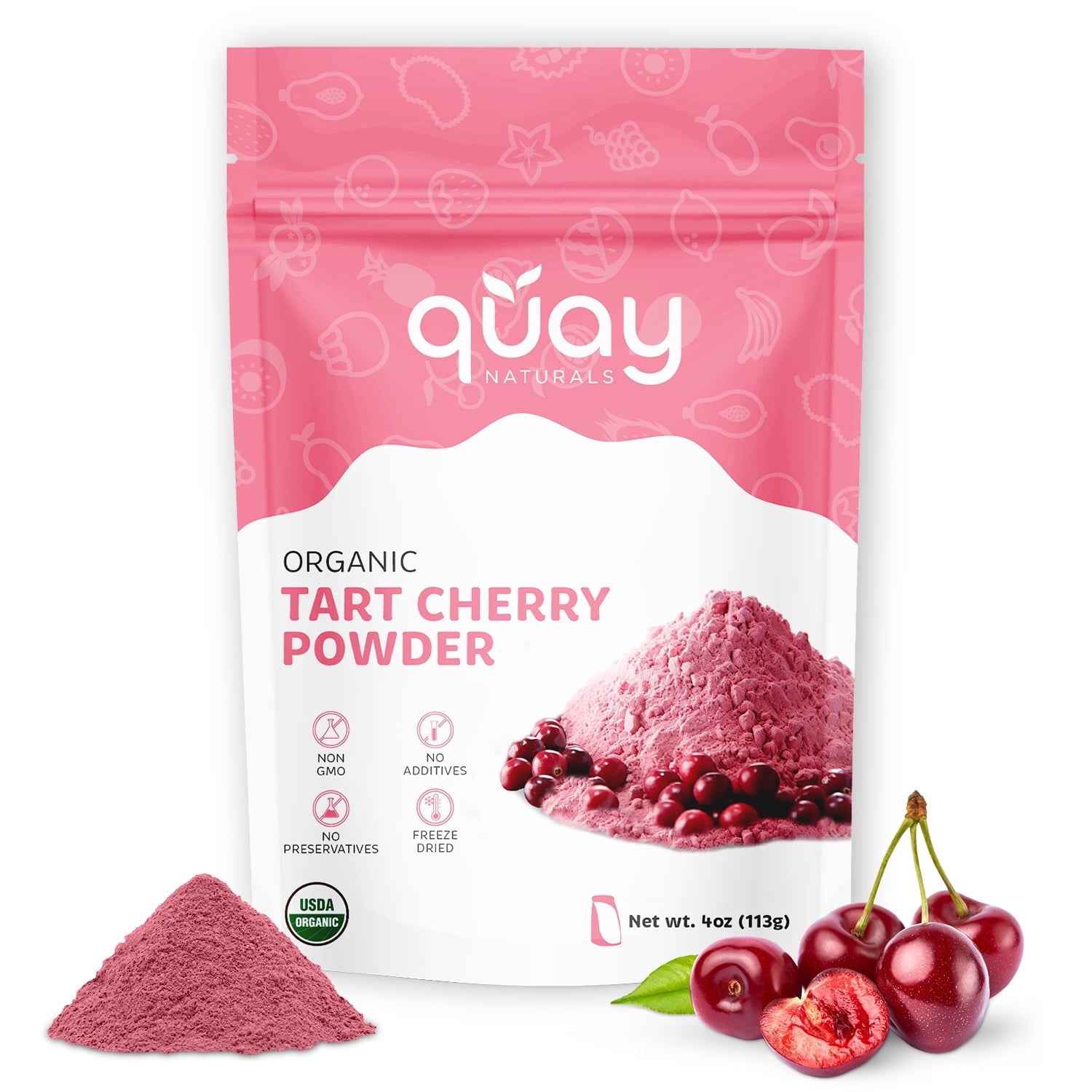 Quay Naturals Organic Tart Cherry Powder, 4oz | Made from US-Sourced Cherries | USDA Organic, Non-GMO, Freeze-Dried, No Additives | Great for Smoothies & Baking
