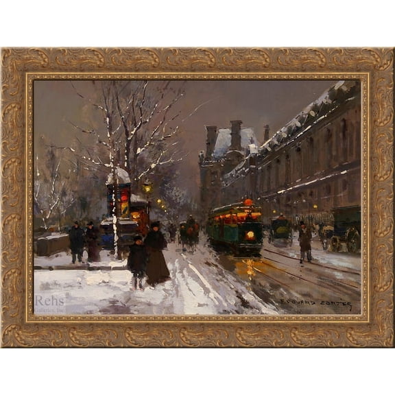 Quay du Louvre, Winter 24x18 Gold Ornate Wood Framed Canvas Art by Edouard Cortes