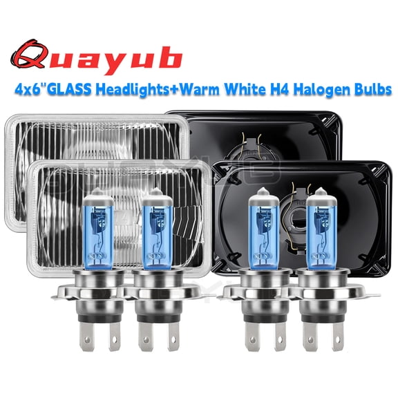 Quayub 100/90W 4X6'' Square Replacement Headlights Front Head Lamps w/H4 Bulbs 4PCs