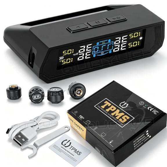 Quayub Advanced Wireless Solar TPMS with LCD Display, Real-Time Pressure & Temperature Readings, 6 Alarms, and 4 Durable Sensors