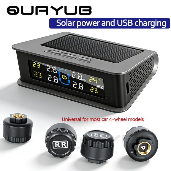 Quayub Wireless Car Solar TPMS LCD Tire Pressure Monitoring System + 4 External Sensors