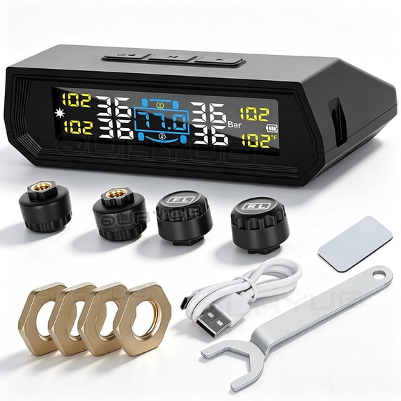 Quayub Wireless Tire Pressure Monitoring System TPMS with Solar & USB Charging, Color LCD, 6 Warning Modes, and 4 External Sensors for All Vehicles