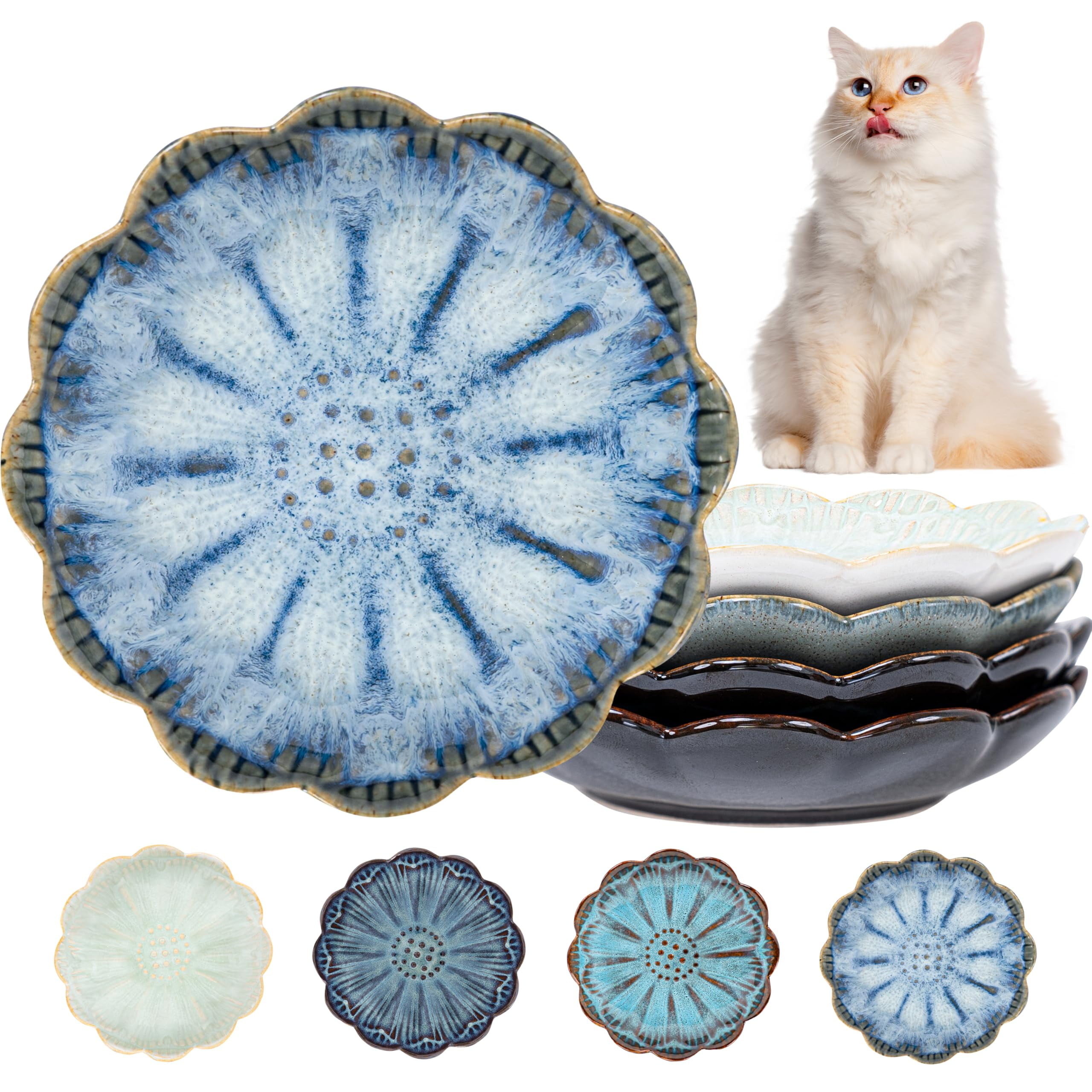 5.5 Inch Multicolor Ceramic Cat Food Plates Set of 4