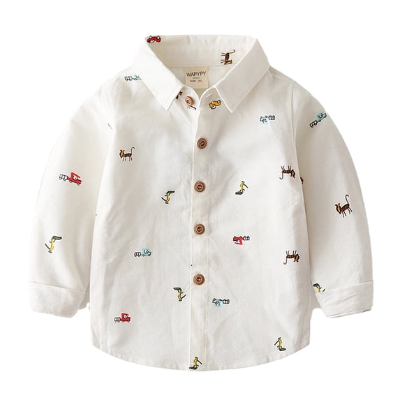 Qudderr 2-7T Boys Button down Shirt for Kids Baby Long Sleeve Boys Dress Shirts Cartoon Full Print Casual Tops Toddler Spring Fall Blouse Clothes for Boys