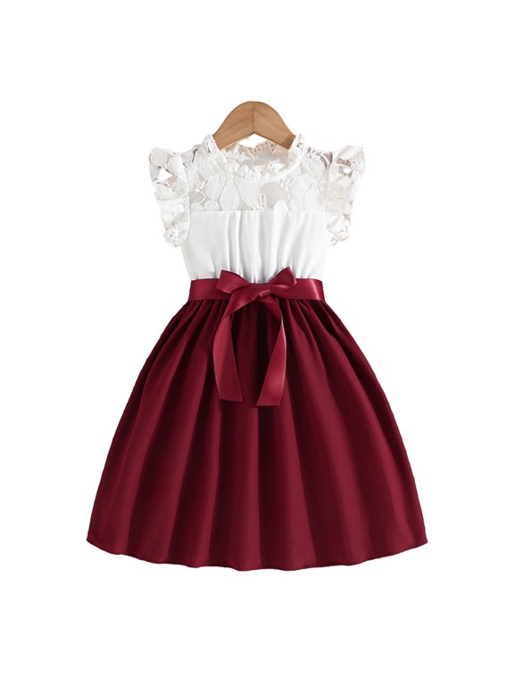 4-7 Years Girl's Dress for Kids Summer Casual Sundress Toddler Solid Patchwork Dress with Ribbon Belt for Girls