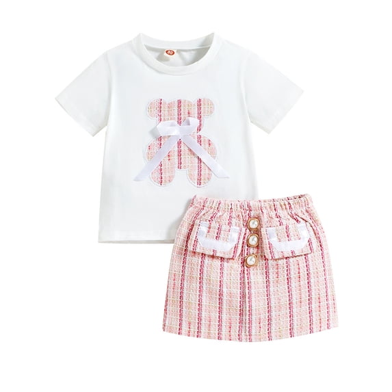 Qudderr Baby Kids Girls Summer Pullover Short Sleeve T-Shir + Short Skirt Cotton Set Outfit for 18 Months-6 Years