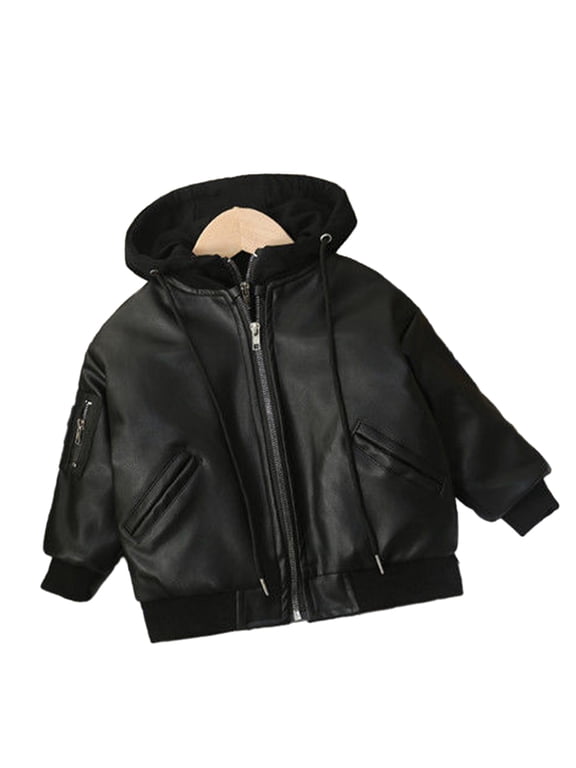 Baby Toddler Girls Fleece Leather Jacket Toddler Spring Fall Cotton PU Coats Little Girls Hooded Zipper Thickened Leather Outerwear for Kids 9M-9T