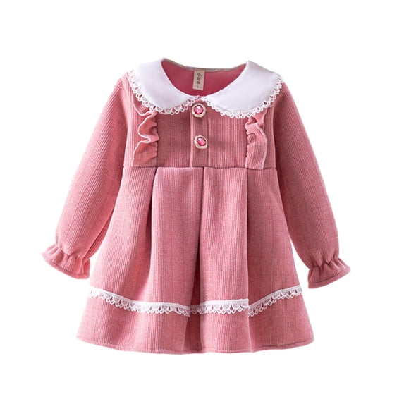 Chenyin Infant Baby Fleece Dresses for Girls Fall Winter Solid Color Cotton Princess Dresses Girls Padded Thickened Party Dress for 3 Months-2 Years
