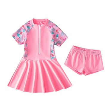 Qudderr Kids Baby Girls Skirt Swimsuits Short Sleeve Swim Dress with Swim Shorts 2PCS Set Zip Front Bathing Suit Rash Guard Swimwear Outfit 3-12 Years