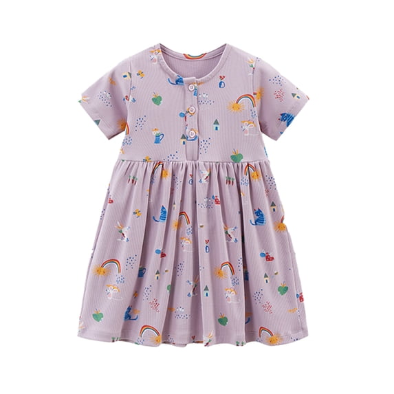 Qudderr Toddler Baby Girls Cartoon Dress 1-8 Years Short Sleeve Cotton Dresses Girls Summer Crewneck Sundress for Kids