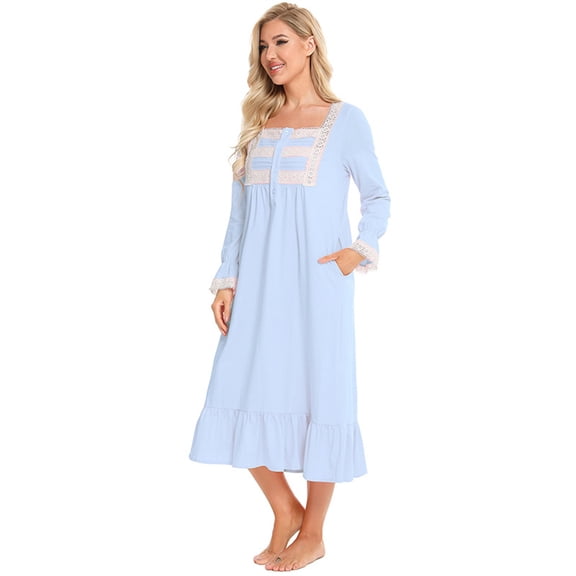 Qudderr Women Princess Pajamas Dress Nightgown Long Sleeve Nightdress Spring Summer Cotton Sleepwear Loungewear for Women's S-XXL