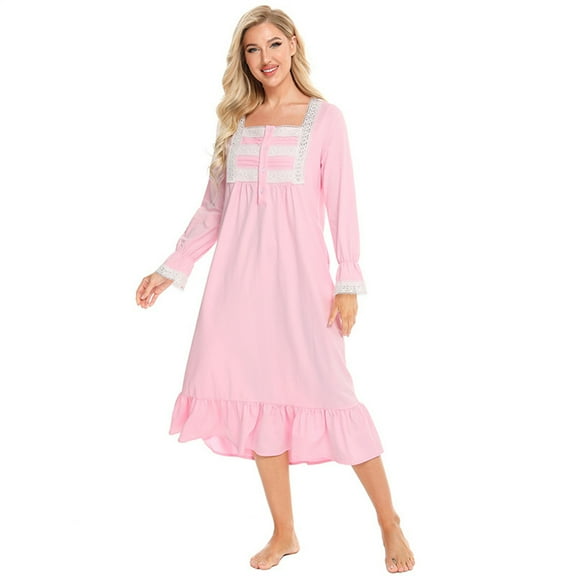 Qudderr Women Princess Pajamas Dress Nightgown Long Sleeve Nightdress Spring Summer Cotton Sleepwear Loungewear for Women's S-XXL