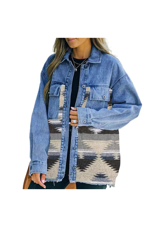 Womens Denim Jacket Loose Patchwork Jean Coat Geometric Pattern Long Cowboy Outwear Spring Fall Lapel Button down Women's Coat S-XL