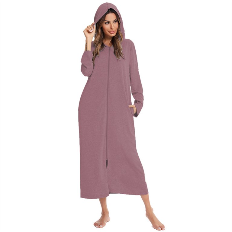 Qudderr Womens Solid Color Robe Cozy Long Bathrobe Zipper