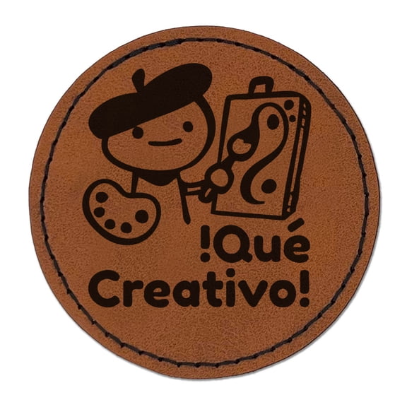 Que Creativo How Creative Artist Spanish Teacher Stamp Round Iron-On Engraved Faux Leather Patch Applique - 2.5 Inch - Brown