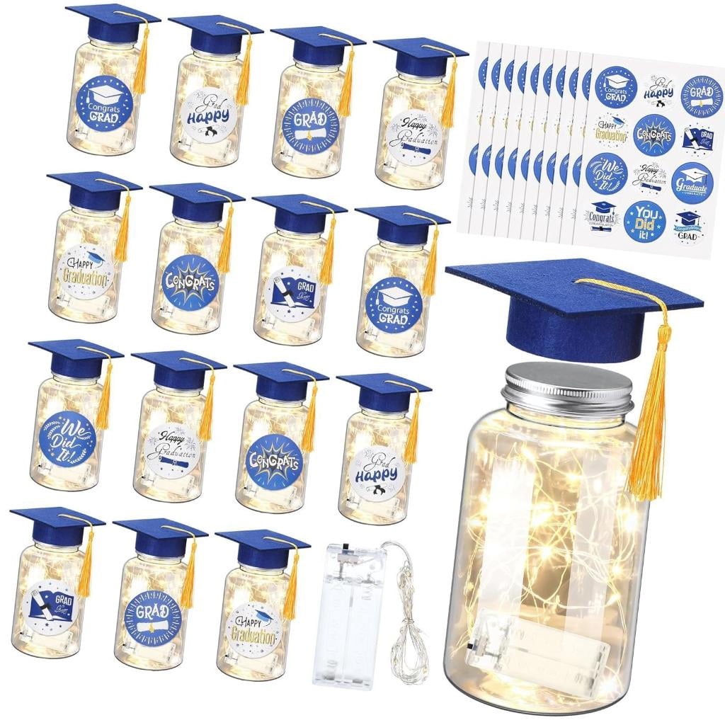 QueMer 2026 Graduation Centerpieces for Tables Light Up Masons Jar with Graduation Cap for College Congrats Grad Party Decors