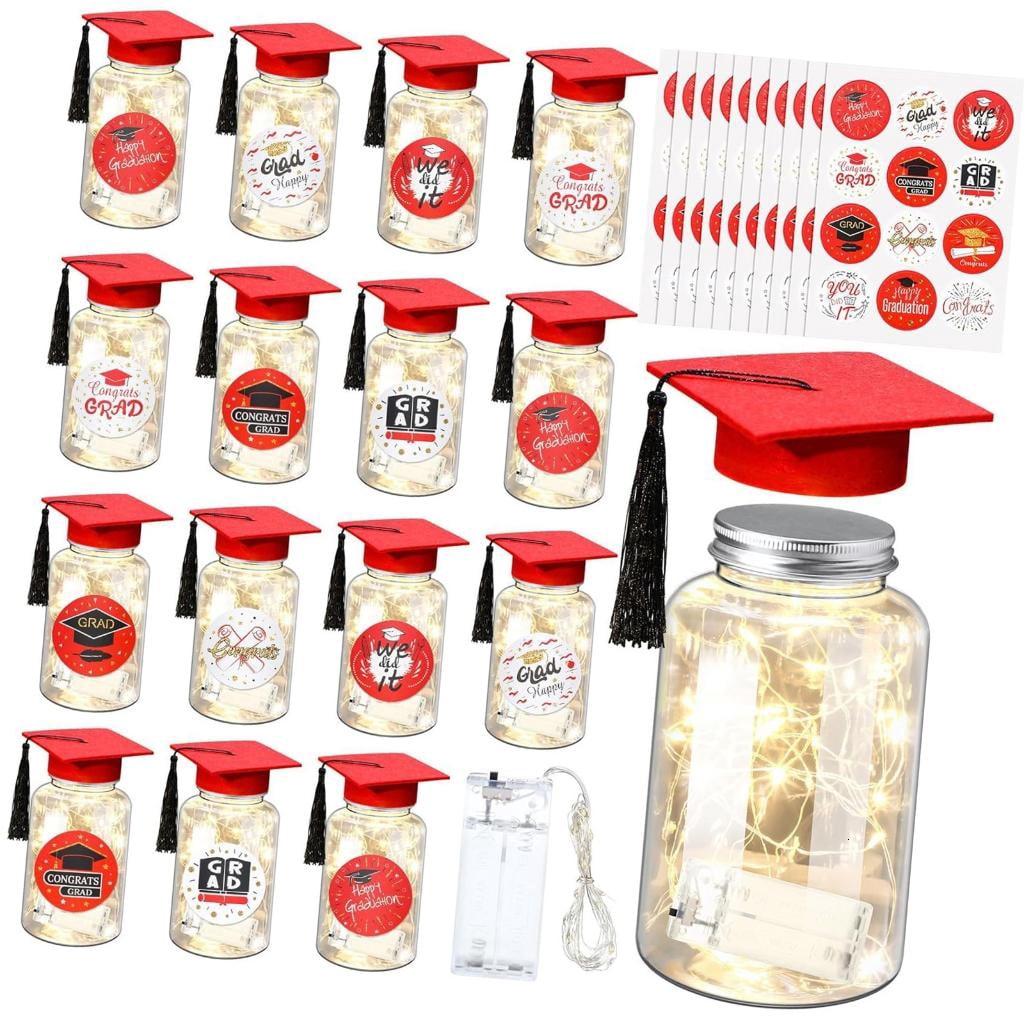 QueMer 2026 Graduation Centerpieces for Tables Light Up Masons Jar with Graduation Cap for College Congrats Grad Party Decors