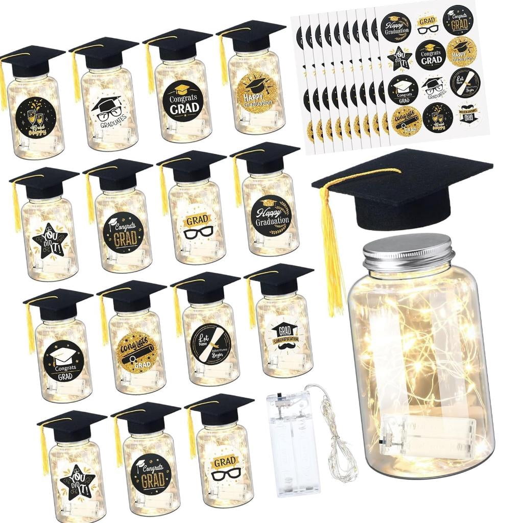 QueMer 2026 Graduation Centerpieces for Tables Light Up Masons Jar with Graduation Cap for College Congrats Grad Party Decors