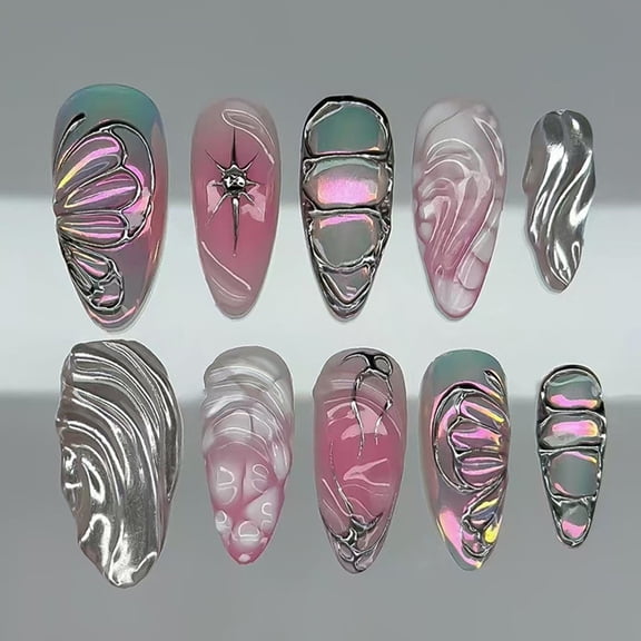 QueMer 24pcs ABS Materials False Nails Showcasing Waves Silver FrozensButterf1yPearls Shining Fashion Design