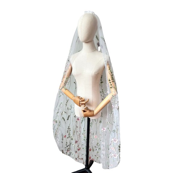 QueMer 57inch Long Length Wedding Veil with Embroidery Flower Pattern for Romance Bridal Shower Wedding Gowns Head Accessory