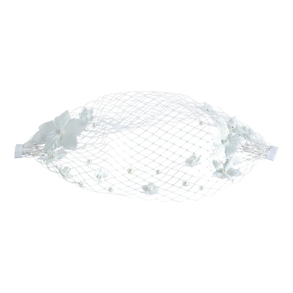 QueMer Adjustable White Birdcage Veil Headpiece With Pearls Flower For Bride Vintage Wedding