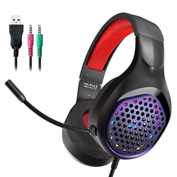 QueMer Gaming Headset with Noise Cancelling Microphone LED Light for Computer Corded Over Ear
