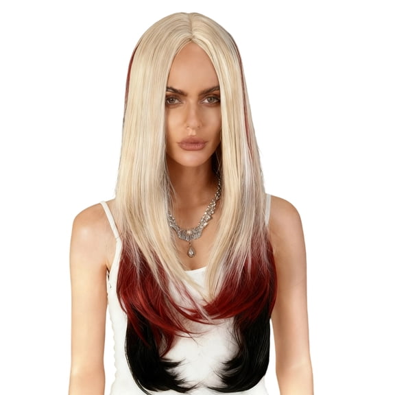 QueMer Highlighted Full Cap Hairpiece Synthetic Wigs Middle Parted Straight Hairstyle Easy Wear For Daily Stylin