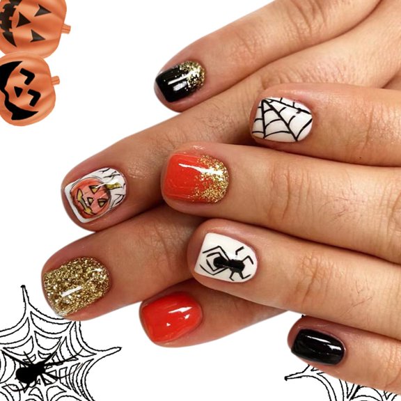 QueMer Holiday with Glitters Bat Designs Skin Friendly Breathable Artificial Nails For Festive Occasions