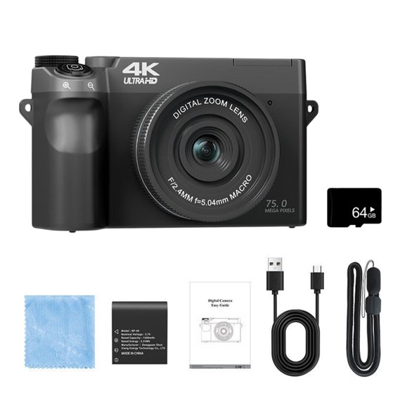 QueMer Lightweight 4K Digital Camera 18X 75MP Front Back Lens 9 Mode USB Charging Mobile Connection