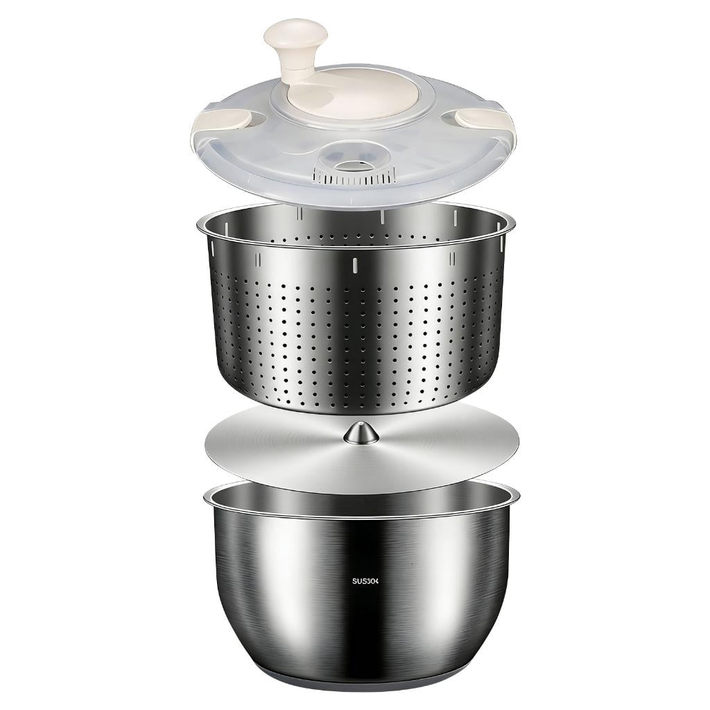 QueMer Multi Purpose Stainless Steel Salad Spinner For Large Vegetables And Fruits With Stable Silicone Base