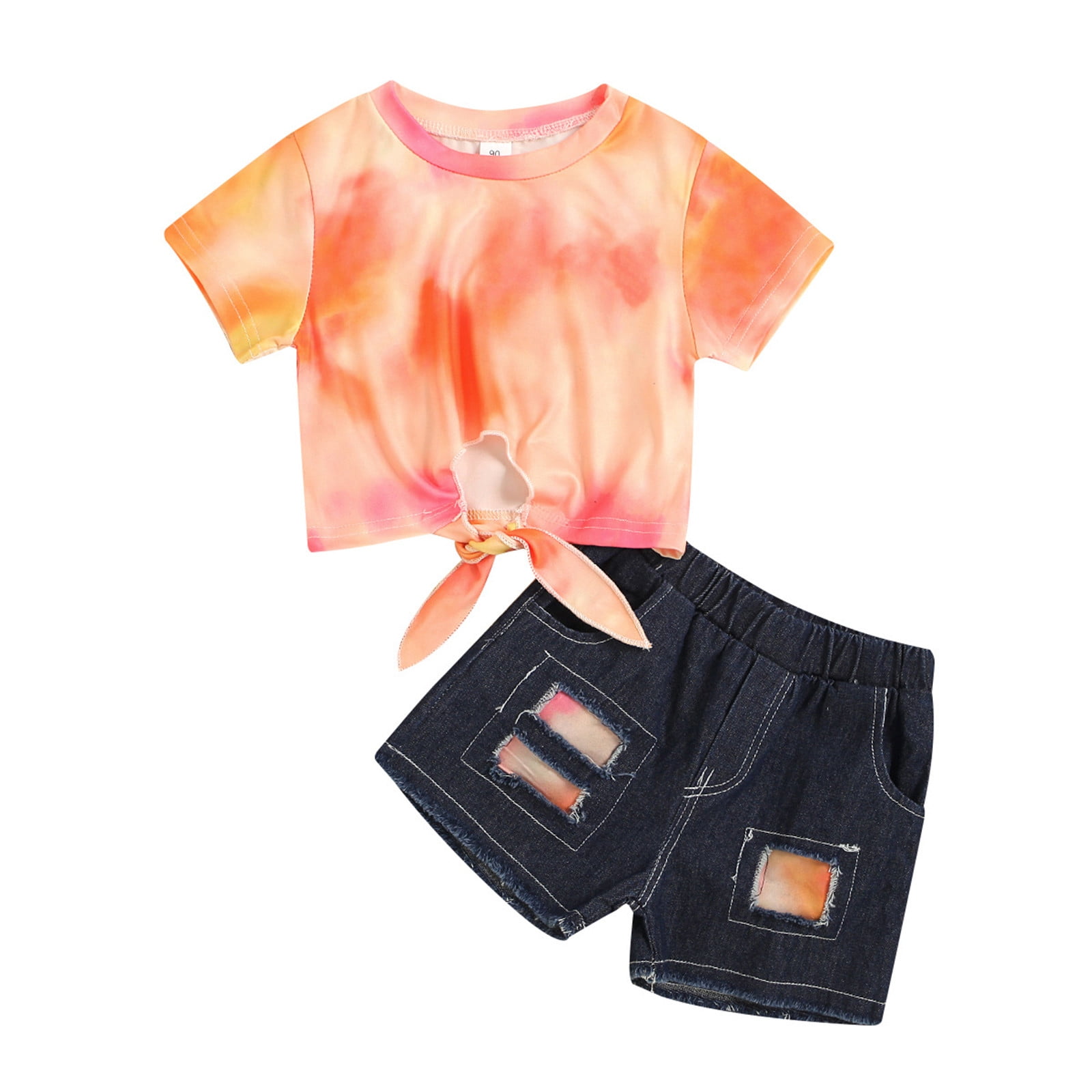 Quealent 1218 Month Girl Clothes Short Sleeve Rainbows Tops Bow Jeans