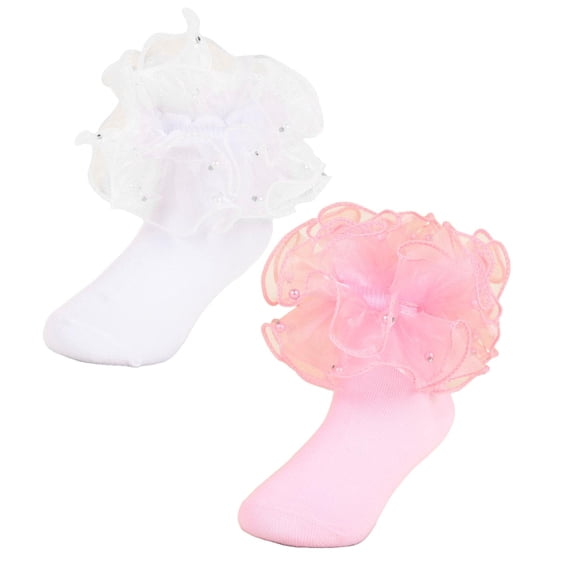 Quealent 2 Pairs Christmas Ruffle Socks Big Double Ruffle Lace Trim Cotton Socks for Baby Girls Kids Princess Style Dress White 1PCS & Pink 1PCS for Size S