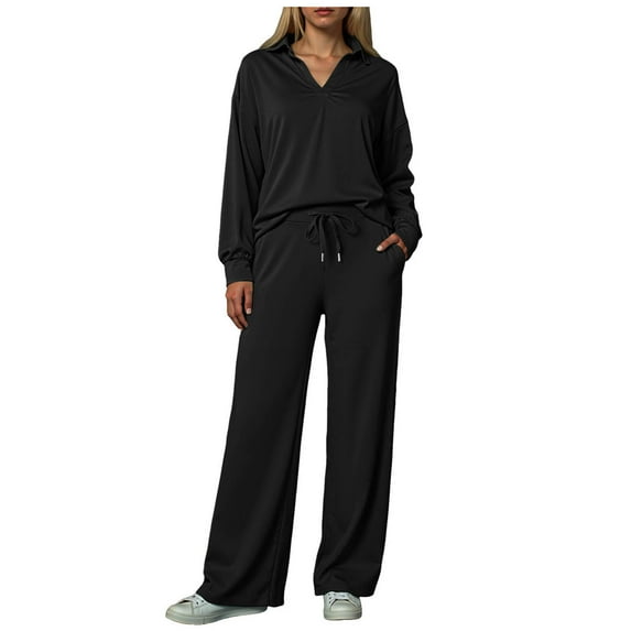Quealent 2 Piece Sets For Women Fall Trendy Long Sleeve Sweatshirt Wide Leg Pants Loungewear Set Matching Sweatsuit Black,Size XL