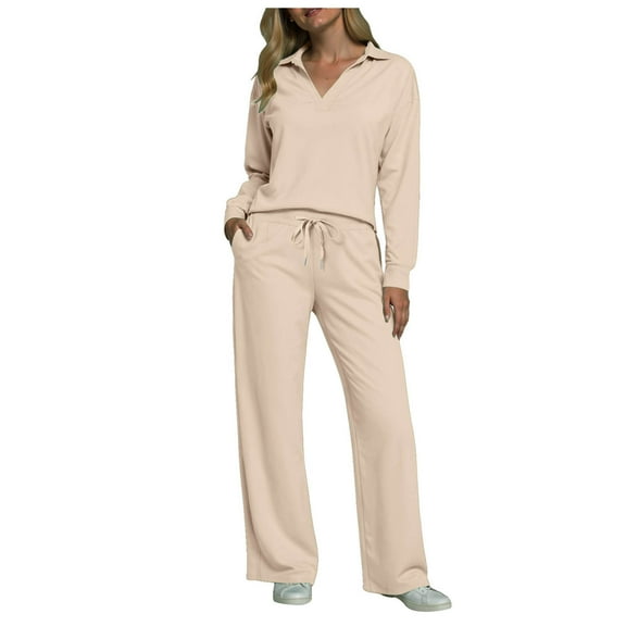 Quealent 2 Piece Sets For Women Fall Trendy Long Sleeve Sweatshirt Wide Leg Pants Loungewear Set Matching Sweatsuit Khaki,Size S