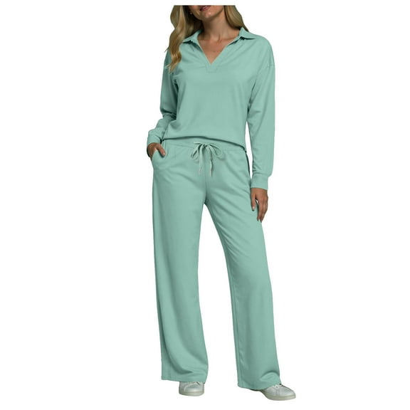 Quealent 2 Piece Sets For Women Fall Trendy Long Sleeve Sweatshirt Wide Leg Pants Loungewear Set Matching Sweatsuit Light Green,Size 3XL