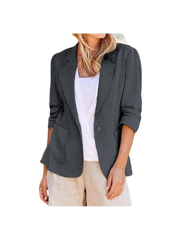 Quealent 2024 Fall Linen Blazer Women 3/4 Solid Color Stretchy Ruched Sleeve Fully Lined Lightweight Breathable Casual Work Jacket for Women (Gray,XL)