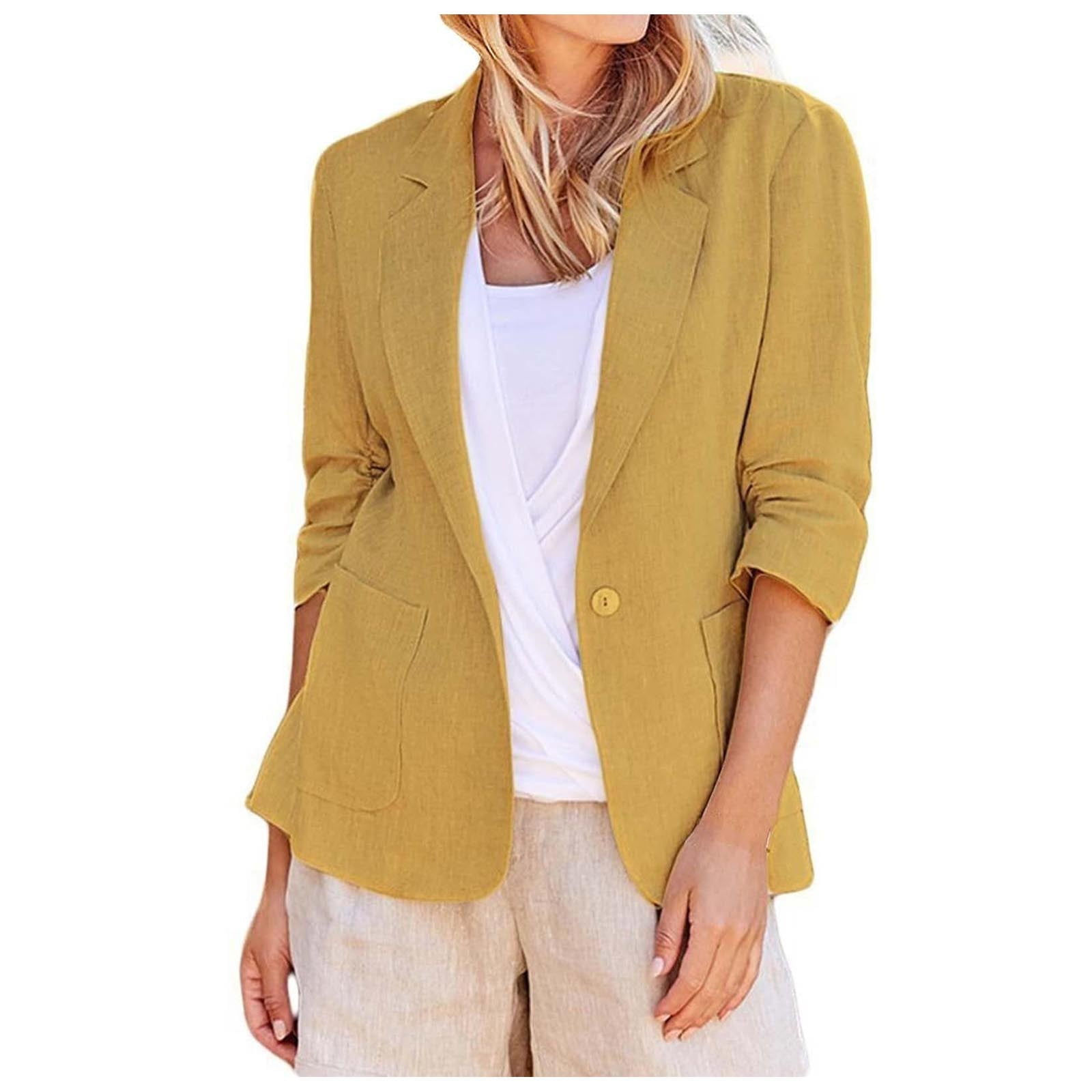 Zshosam Blazer Women 3/4 Sleeve Ruched Lined Suit Stretchy Lightweight Casual Dressy Work Summer Jackets With Pockets Yellow Xl