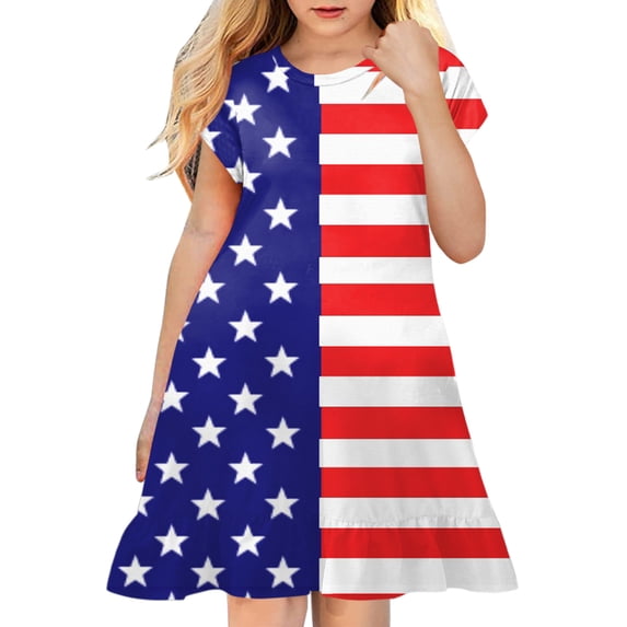 Quealent 4th of July Dress Girls Dresses Summer Swing Short Sleeve Casual Clothes for Little Kids Independence Day Outfits Blue,5-6 Years