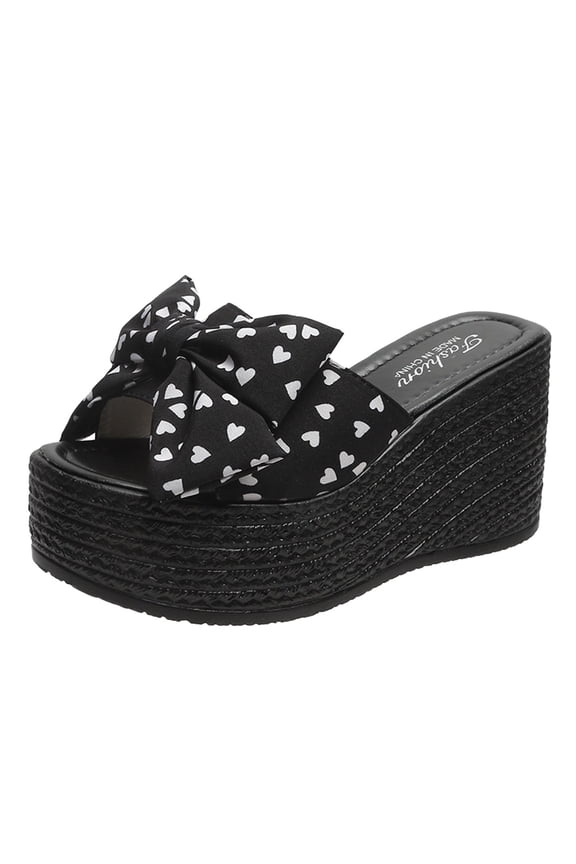Adult Women Shoes Wolf Slippers for Women Ladies Summer Fashion Bow Love Cloth Platform Wedge Beach Sandals Kitty Cat Slippers for Women Black 9