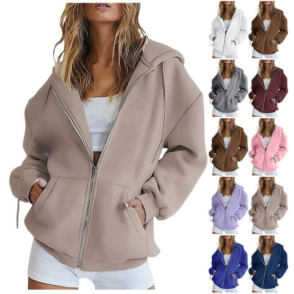 Quealent Autumn Winter Hoodies for Women Warm Zipper Jacket Long Sleeve Tops Fall Winter Sweatshirts with Pockets Khaki for Size XL