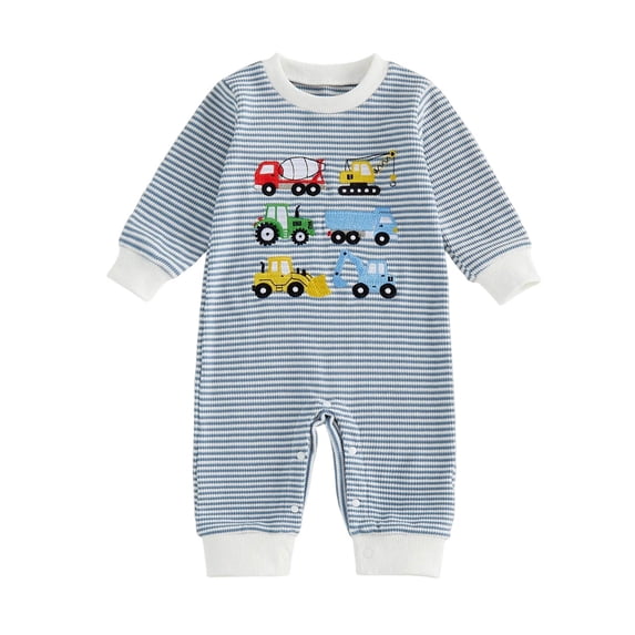 Quealent Baby Boy Fall Clothes Newborn Winter Outfit Truck Embroidered Jumpsuit Waffle Striped Long Sleeve Romper Onesie (Blue, 6-12 Months)