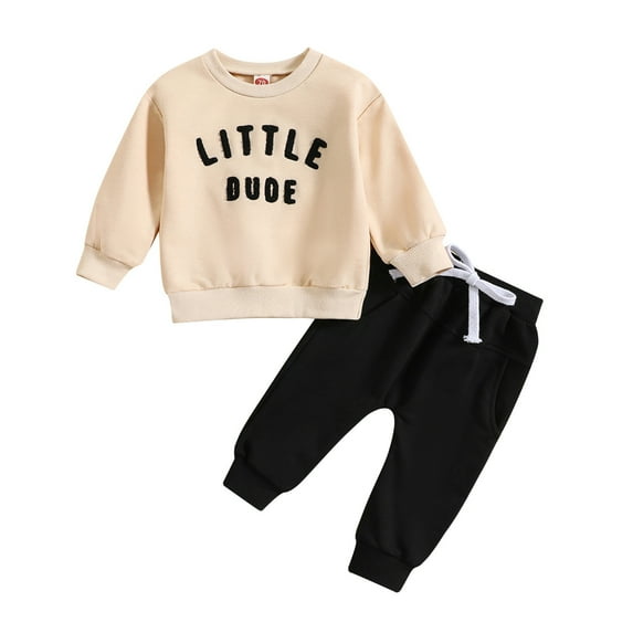 Quealent Baby Boy Outfits Fall Baby Boy Clothes Toddler Baby Boy Clothes Letter Long Sleeve Sweatshirt Pullover Top Jogger Pants Fall Winter Outfits Beige,18-24 Months
