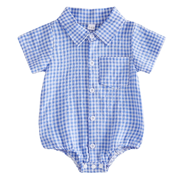 Quealent Baby Boy Summer Clothes Gingham Button Down Bubble Romper Short Sleeve Plaid Collared Bodysuit (Blue, 3-6 Months)